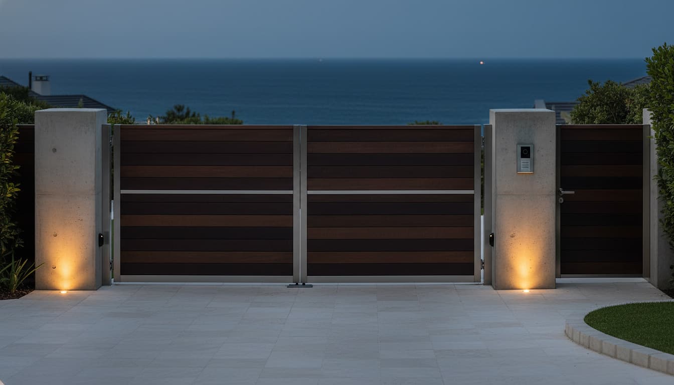 A modern entrance gate to a coastal home at blue hour