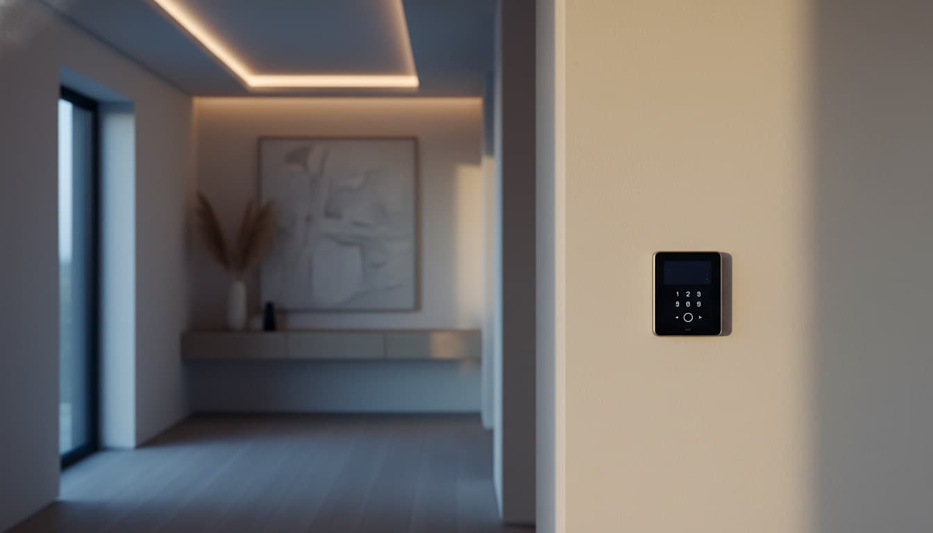 A softly lit modern interior with a subtle alarm keypad on the wall