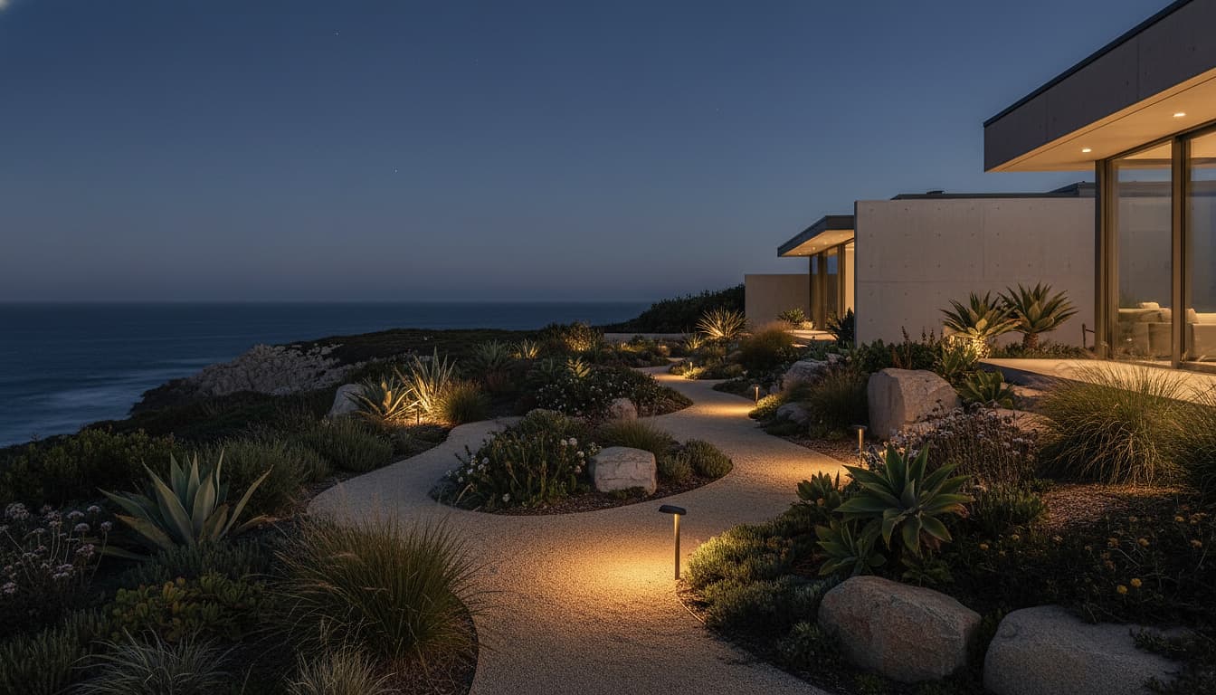 A manicured coastal garden at dusk lit by low landscape lights