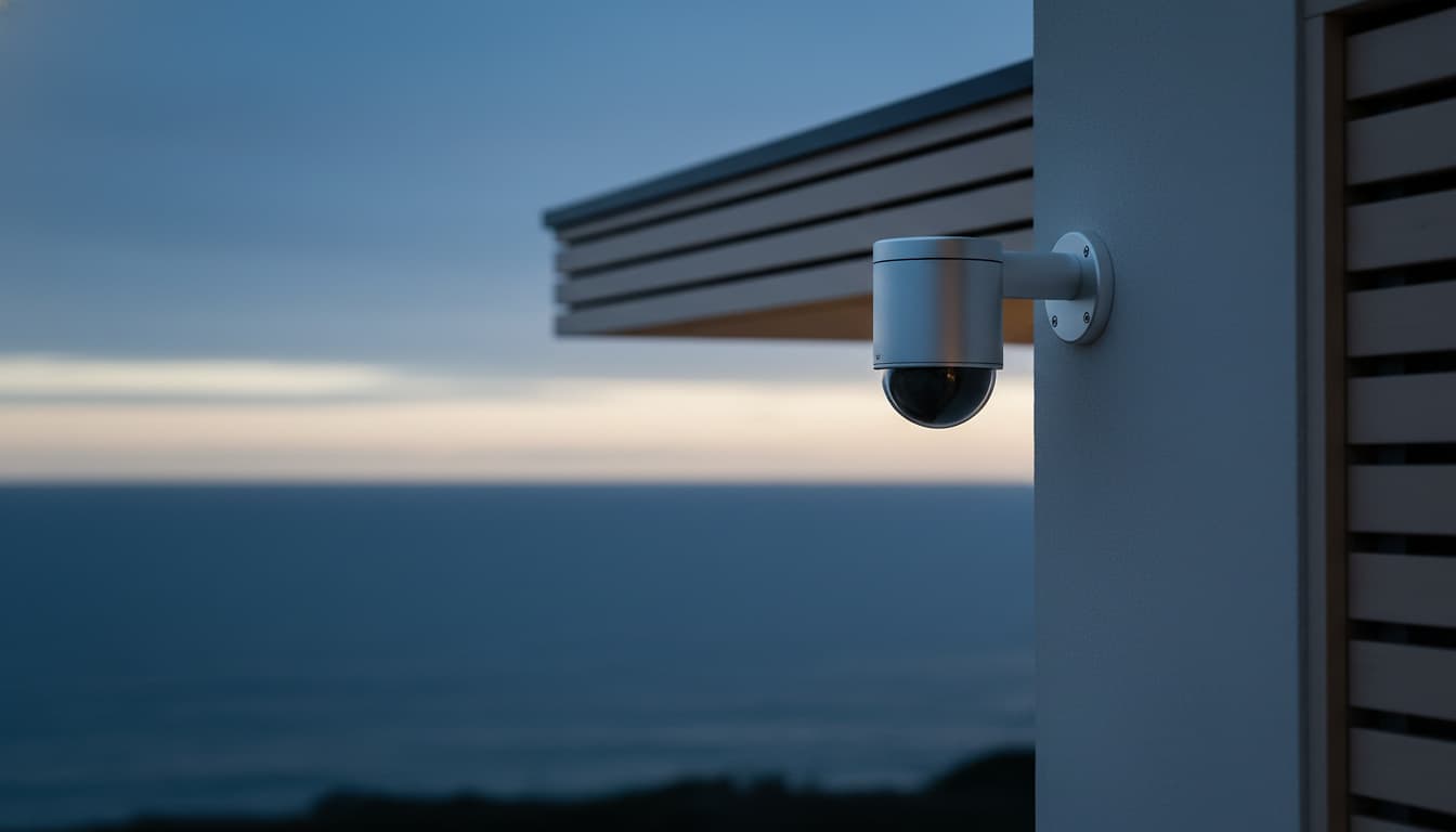A discreet modern security camera on the corner of a contemporary coastal home