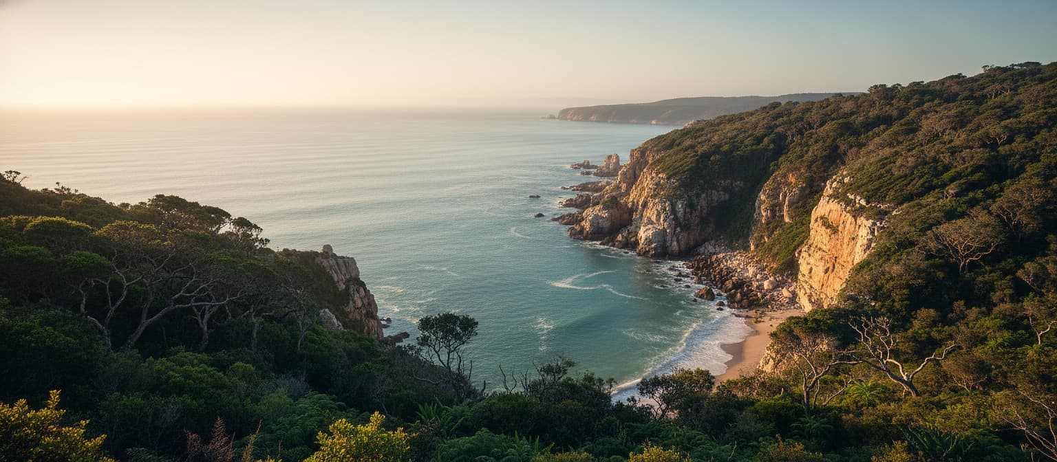 Garden Route coastline at golden hour with indigenous forest and sea cliffs