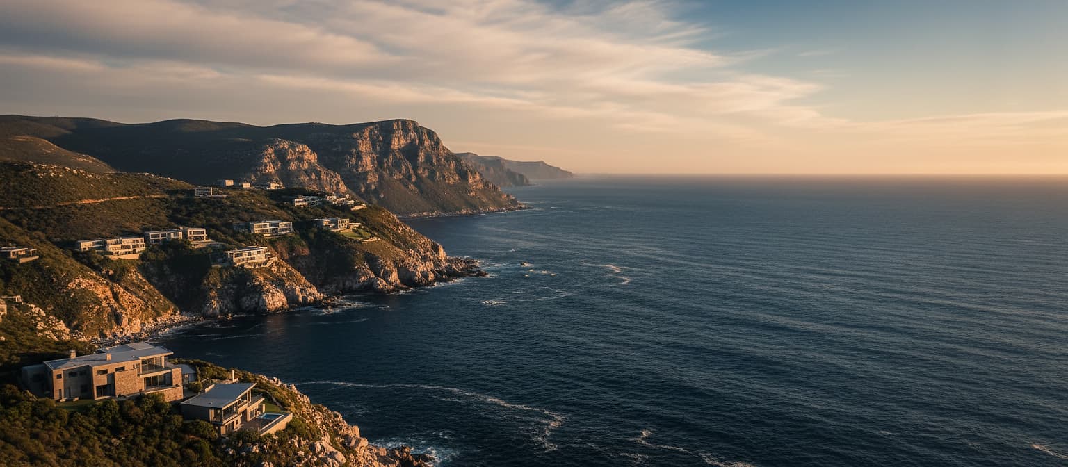 Cape Peninsula coastline at golden hour with modern coastal homes